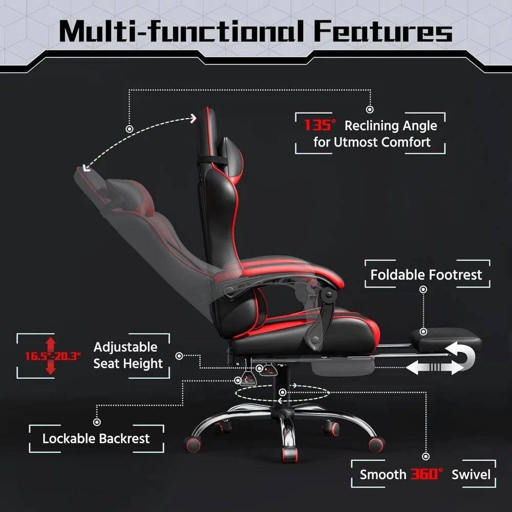 Gaming Chair, Video Game Chair with Massage Lumbar Support and Footrest Height Adjustable Ergonomic Computer Chair with Swivel