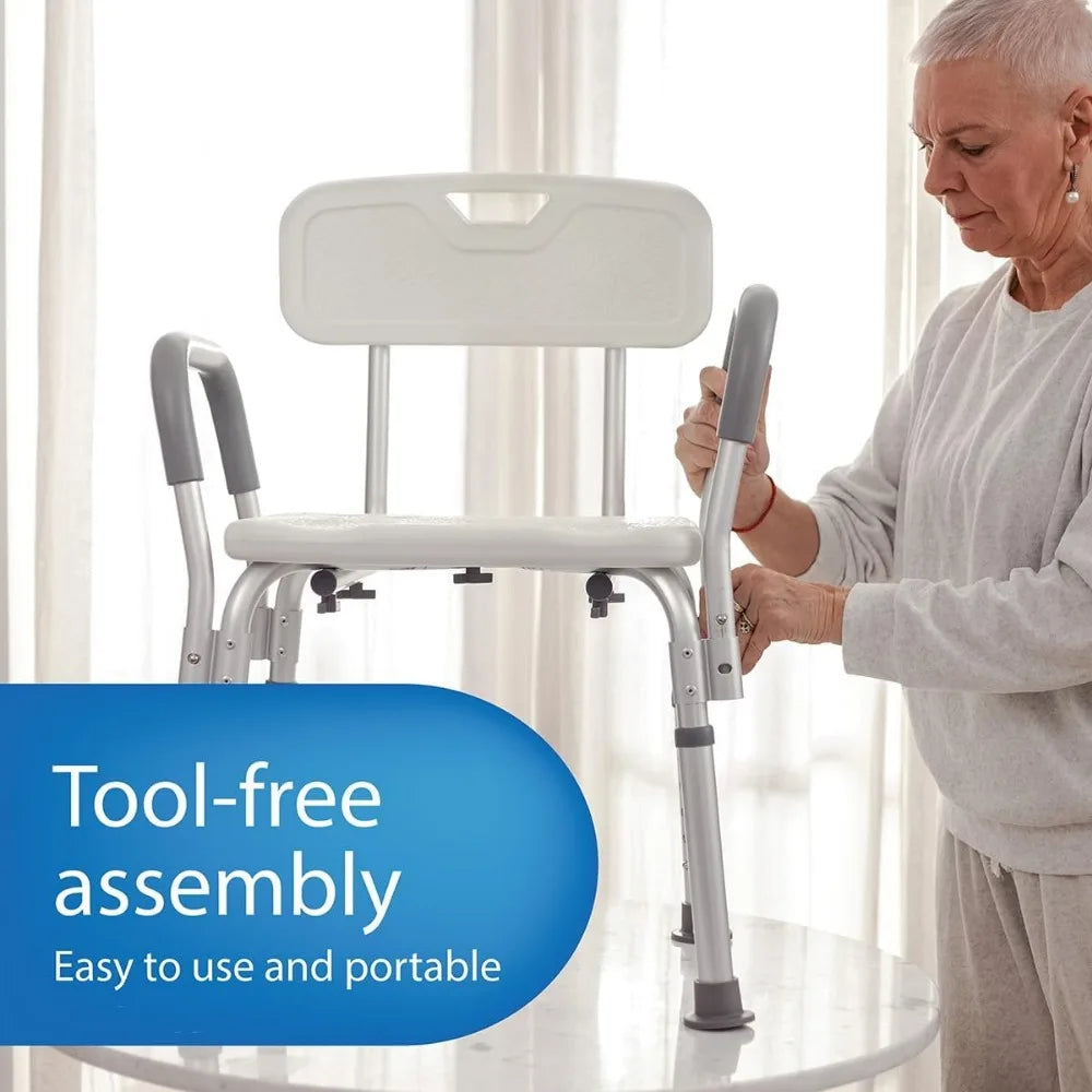 shower chair for inside shower, heavy duty, 350 lb capacity, adjustable height, non-slip seat with padded armrests & back, whit