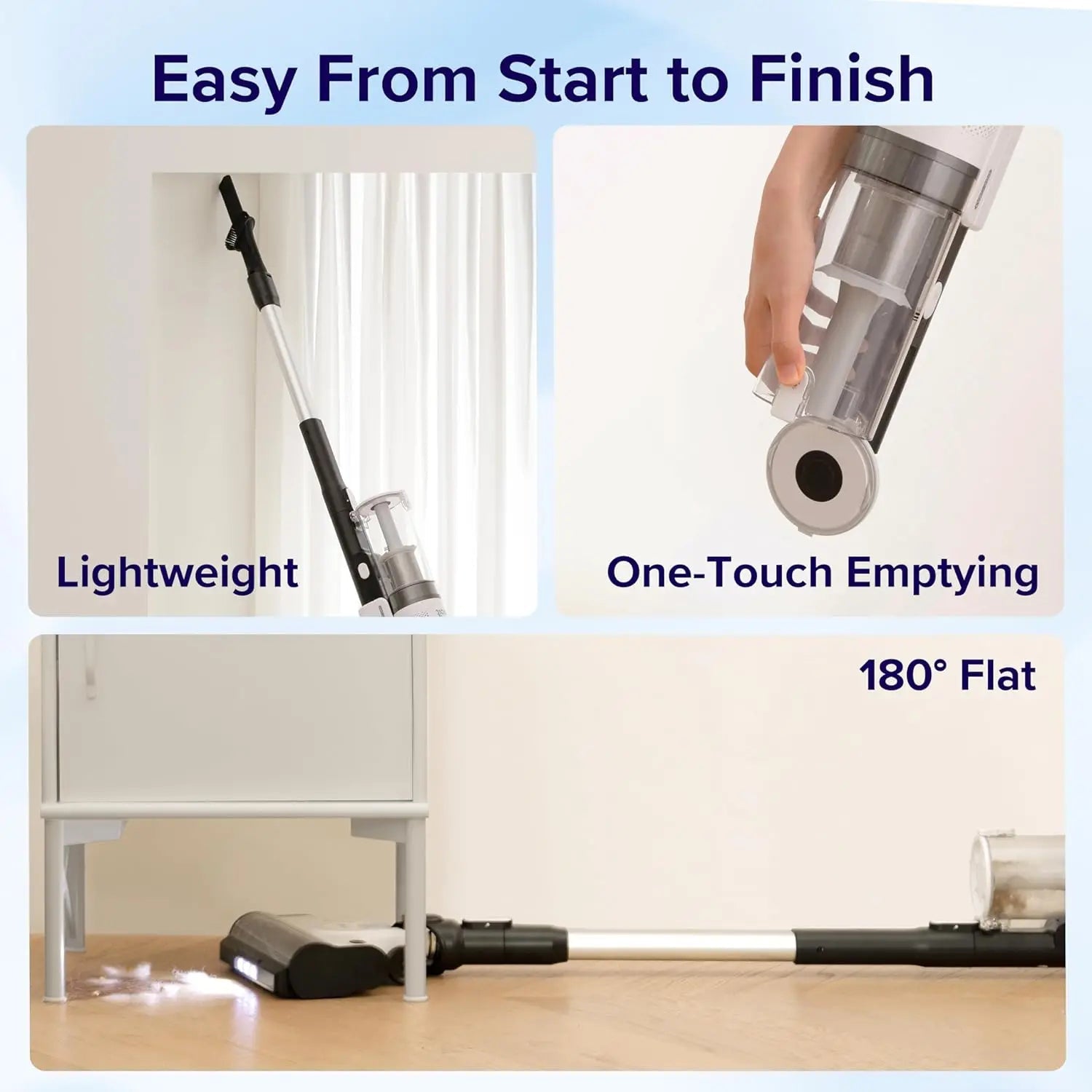 Cordless Vacuum Cleaner, Stick Vac with Tangle-Resistant Design, Up to 50 Minutes, Powerful Suction, Rechargeable, Lightw