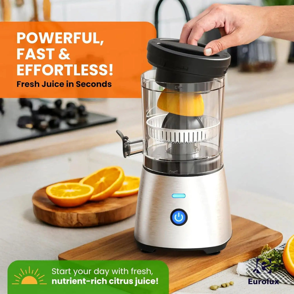 Electric Citrus Juicer Stainless Steel | Hands-Free One-Touch Orange Juice Squeezer for Oranges, Lemons, and Limes | Quiet Opera