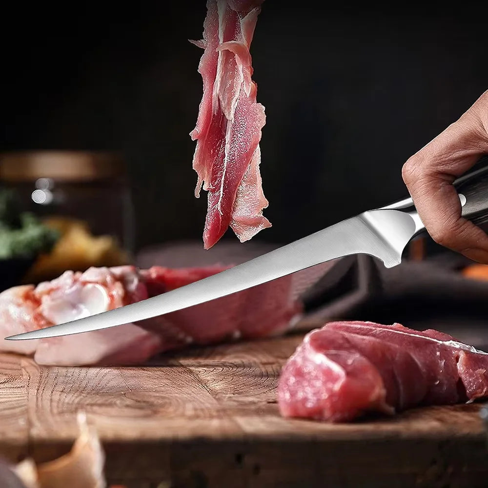 8 Inch Boning Knife Stainless Steel Sharp Deboning Knife for Meat Cutting, Brisket Knife,Flexible Blade Curved Fish Fillet Knife