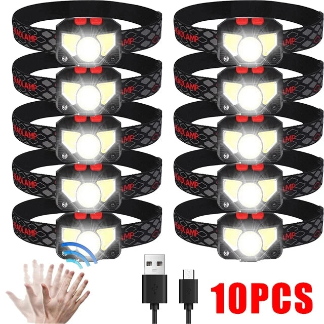 8 Modes Motion Sensor XPE+COB LED Headlamp Flashlight USB Rechargeable Waterproof Camping Head Lamp Running Fishing Headlight