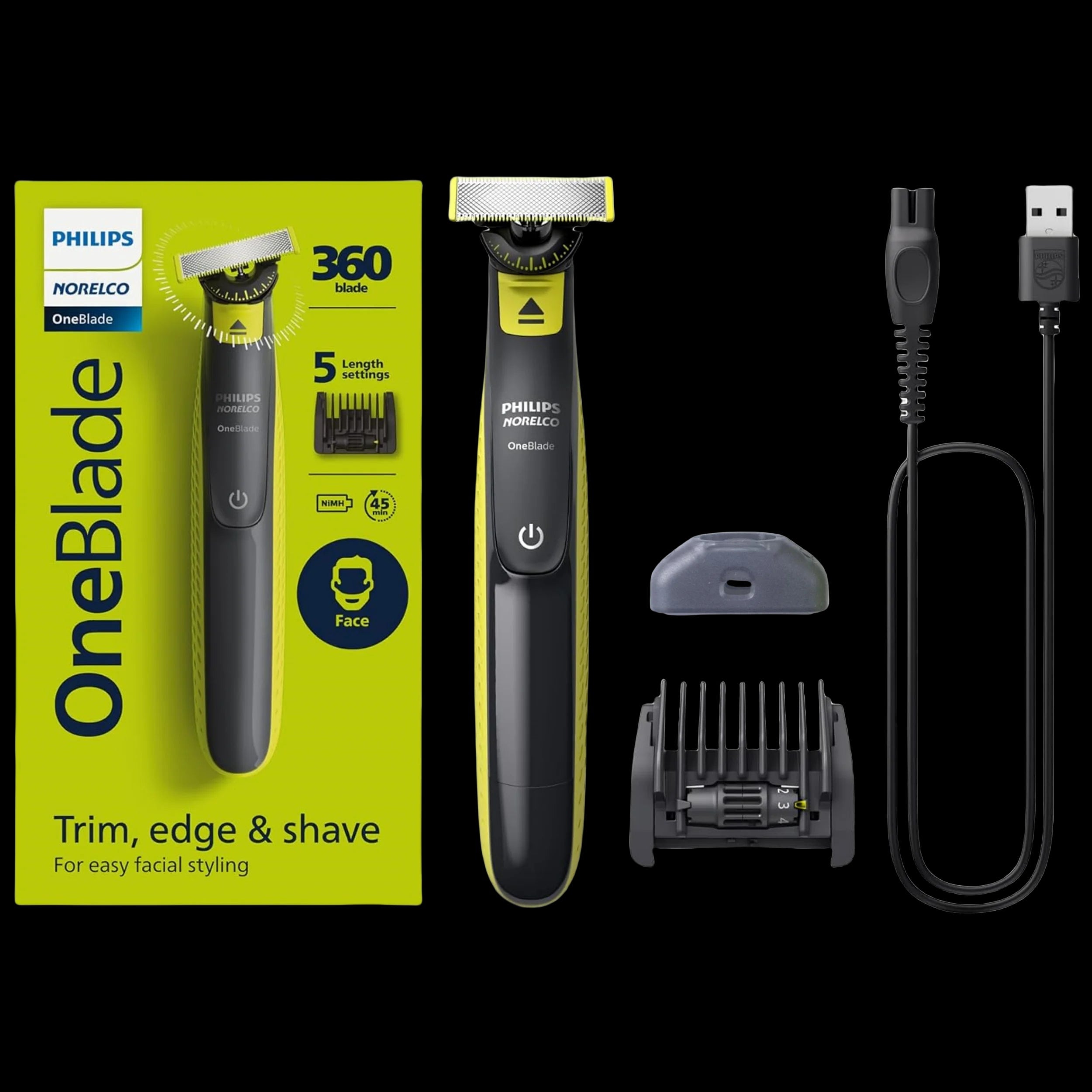Philips Norelco OneBlade 360 Face QP2724, Hybrid Electric Beard Trimmer and Shaver with 5-in-1 Face Stubble Comb