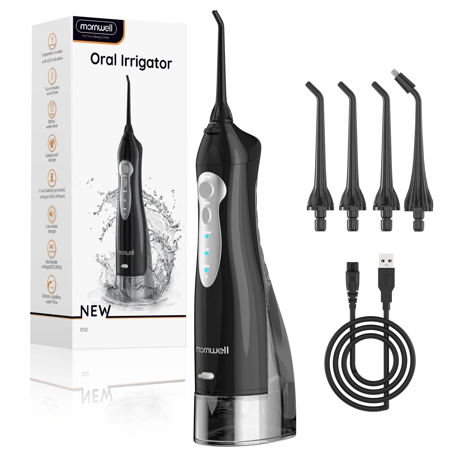 Oral Irrigator D52 Portable Dental Water Flosser USB Rechargeable Water Jet Floss Tooth Pick 4 Jet Tip 300ml 3 Modes Teeth Clean