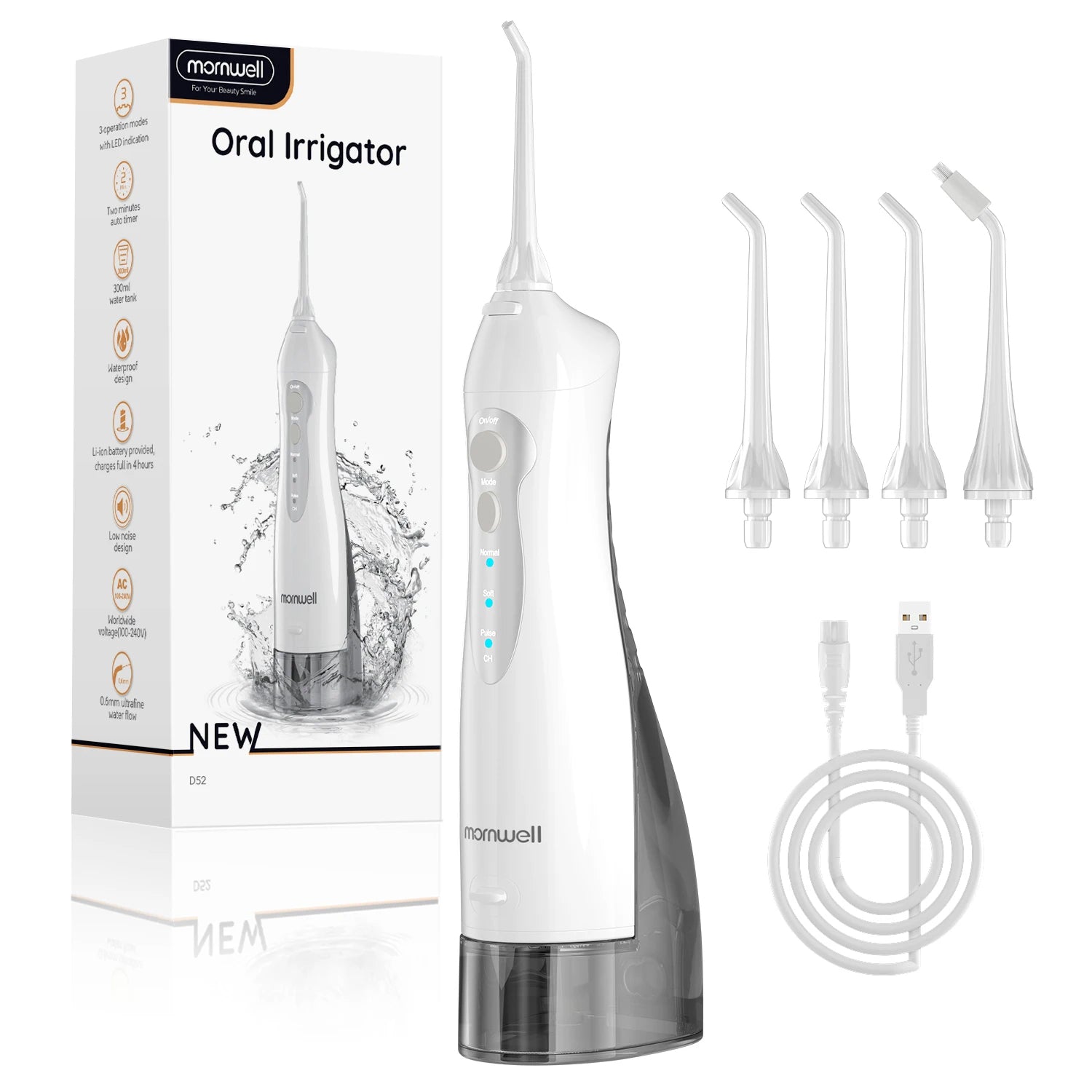 Oral Irrigator D52 Portable Dental Water Flosser USB Rechargeable Water Jet Floss Tooth Pick 4 Jet Tip 300ml 3 Modes Teeth Clean