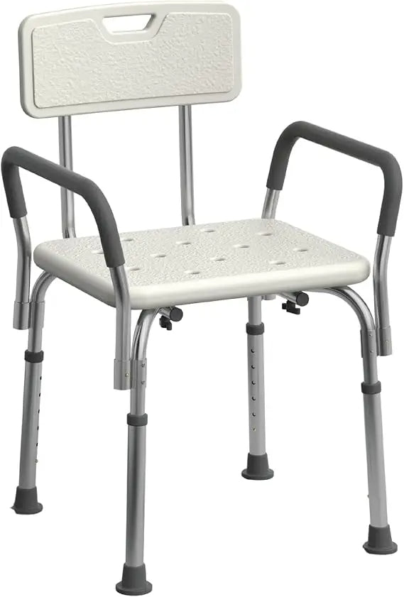 shower chair for inside shower, heavy duty, 350 lb capacity, adjustable height, non-slip seat with padded armrests & back, whit